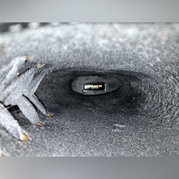 COACH Leopard/Solid Black Rain Boots with Gold Coach Grommets, Black/Gold Laces - Picture 12 of 16